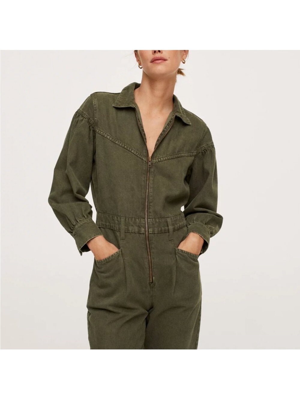 Mango Olive Green Straight-Leg Utility Jumpsuit
